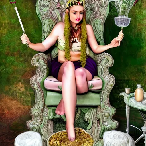 Prompt: princess of cannabis, extremely realistic, sitting a throne made of hemp, smoking a bowl from a huge bong