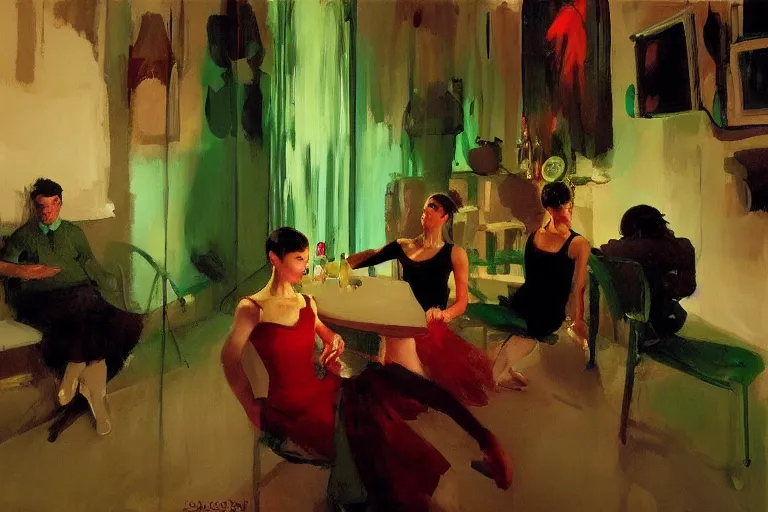 Image similar to ballet dancers drinking brutal and raw wine, inside a tiny green room with red lights by joaquin sorolla, greg rutkowski, bill sienckiwicz, extremely detailed