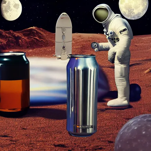 Prompt: a photo of a detailed, realistic, regular sized, sitting idle fender electric guitar next to a sitting idle beer can with an astronaut sitting down on the moon surface and an astronaut playing guitar in the background. detailed photo. realistic photo. cinematic. cinematic shot