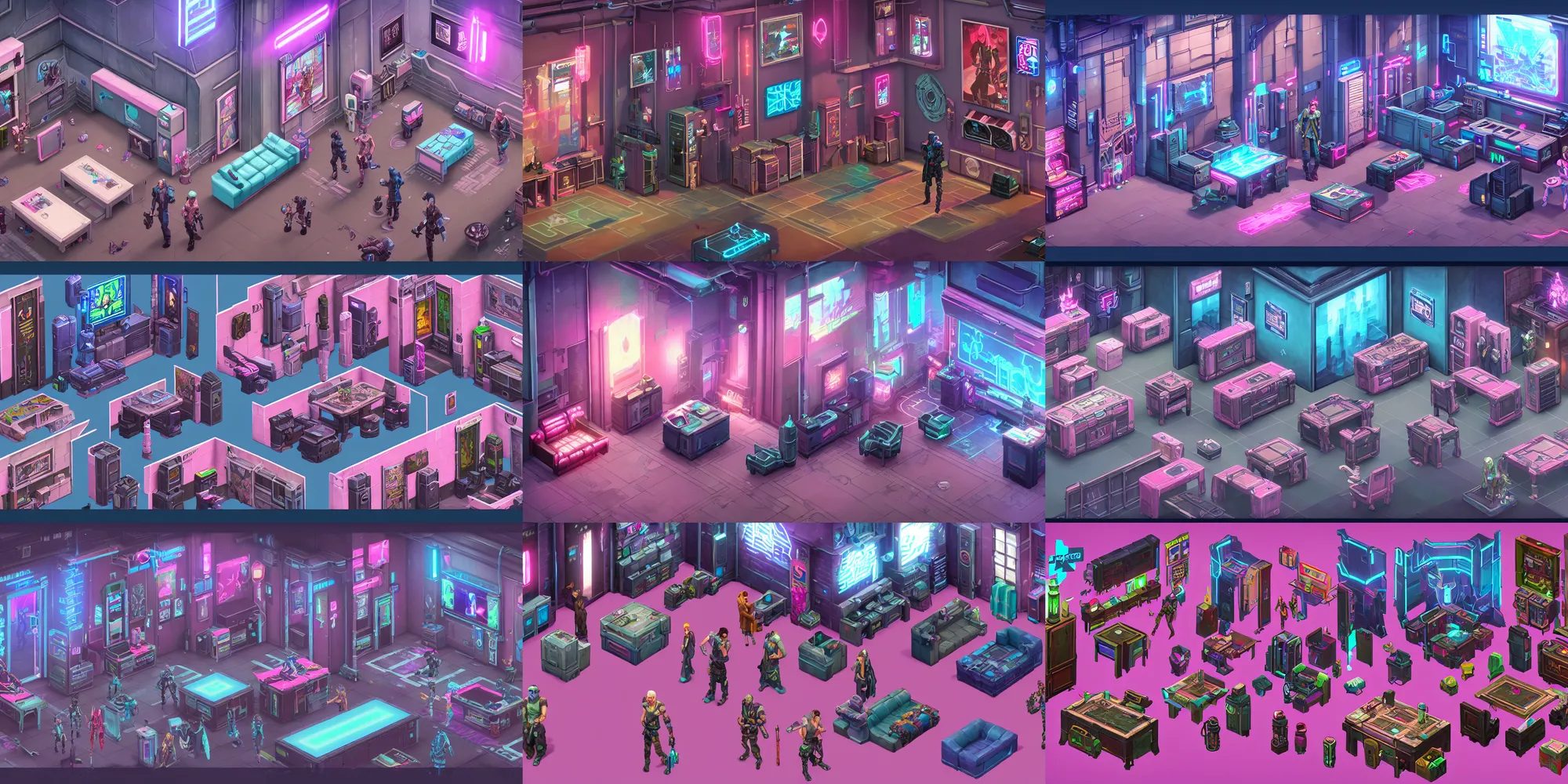 Prompt: game asset of the sims cyberpunk shadowrun room furniture and decor, in gouache detailed paintings, props, stylized, 2 d sprites, kitbash, arcane, overwatch, blue and pink color scheme, 8 k, close up