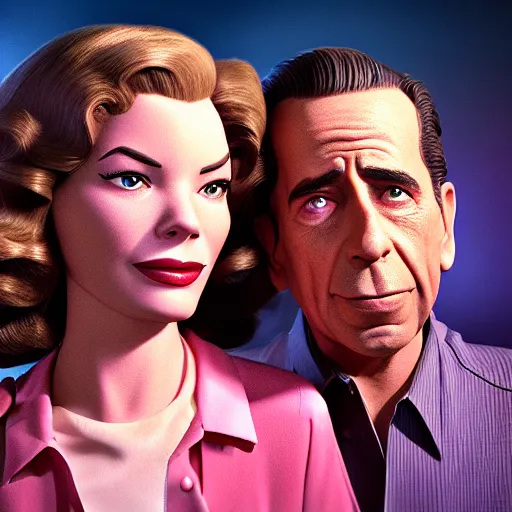 Image similar to humphrey bogart and lauren bacall, pixar style disney style. Octane render, studio lighting.