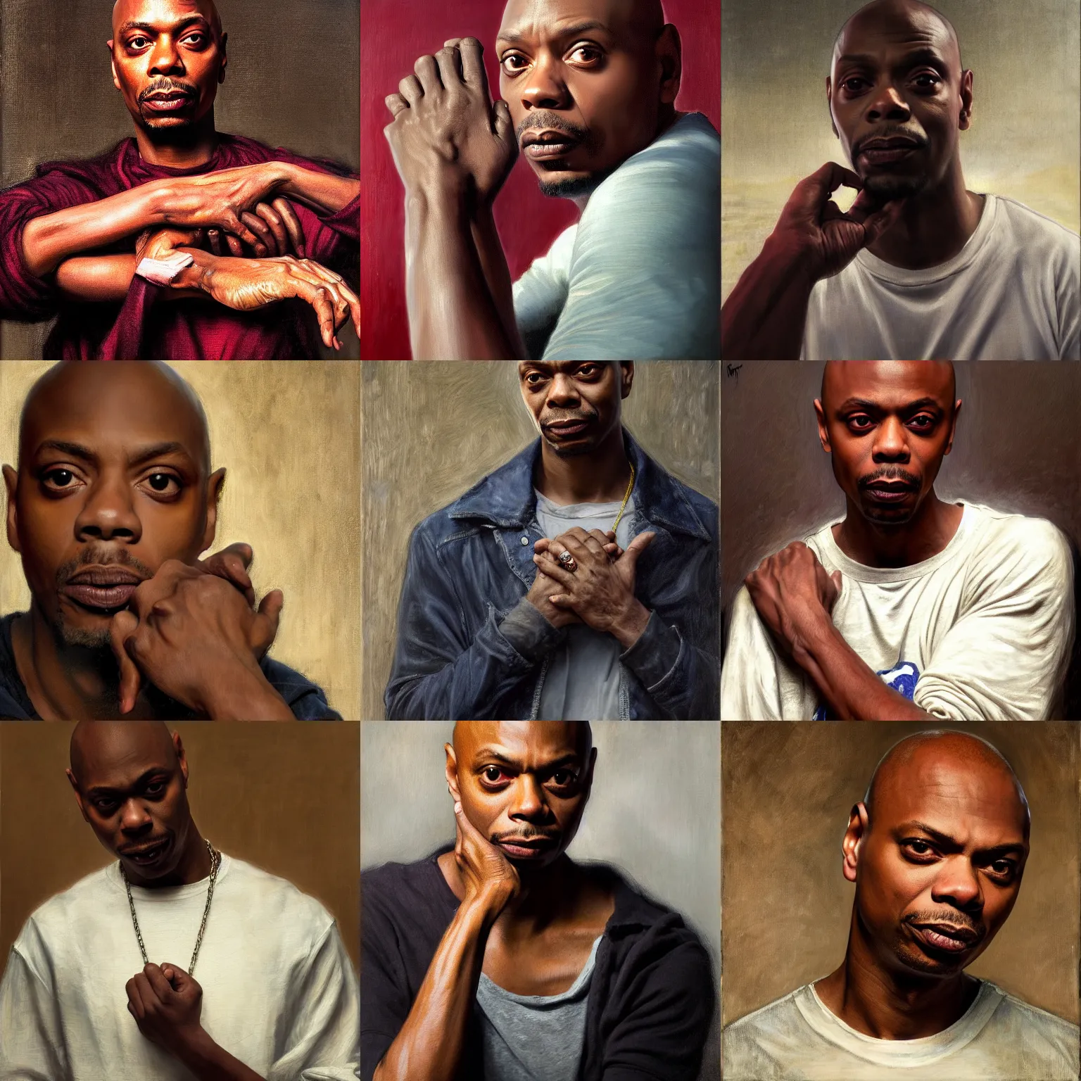 Prompt: clasped hands crackhead Dave Chappelle portrait by john william waterhouse and Edwin Longsden Long and Theodore Ralli and Nasreddine Dinet, oil on canvas. Cinematic, hyper realism, dramatic lighting, high detail 8k