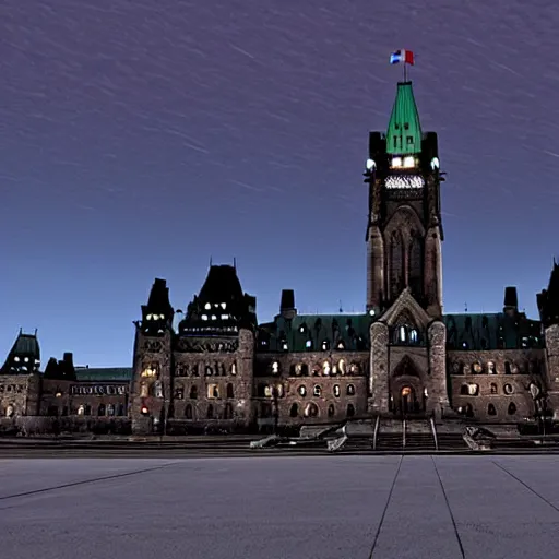 Image similar to Canadian Parliament building in Ottawa if it was cyberpunk, photorealistic