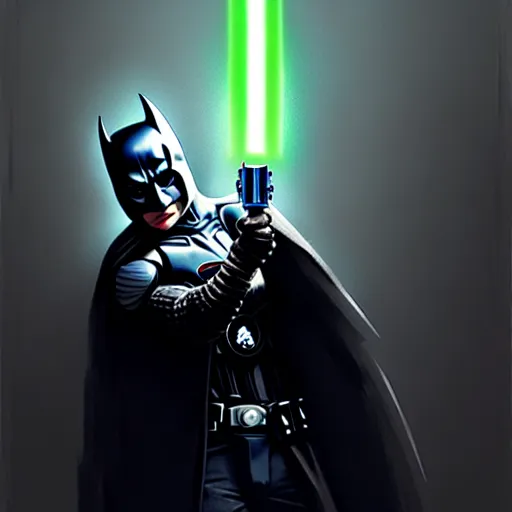 Image similar to the dark knight holding a lightsaber, highly detailed, extremely realistic, dark, digital painting, concept art, intricate, elegant, art by greg rutkowski