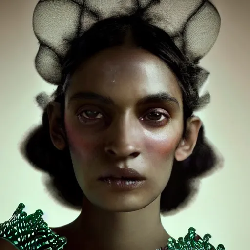 Image similar to a close - up shot of a brown woman wearing a luminous armor made of neon jelly fishes. soft lighting. fragile. haunting and piercing eyes!! coherent face!! no makeup!! very muted colors!! by ray caesar. by louise dahl - wolfe. by andrea kowch. surreal photography