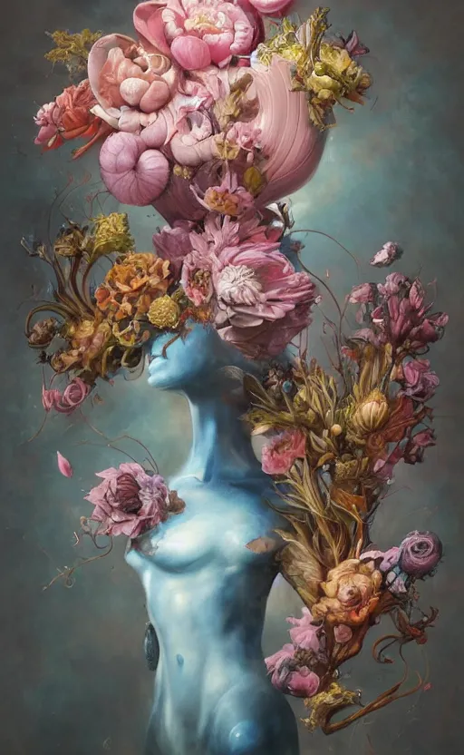 Image similar to a biomorphic painting of a vase with flowers and eyeballs in it, a surrealist painting by Marco Mazzoni, by Peter Mohrbacher, by Dorothea Tanning, pastel blues and pinks, featured on artstation, metaphysical painting, oil on canvas, fluid acrylic pour art, airbrush art,