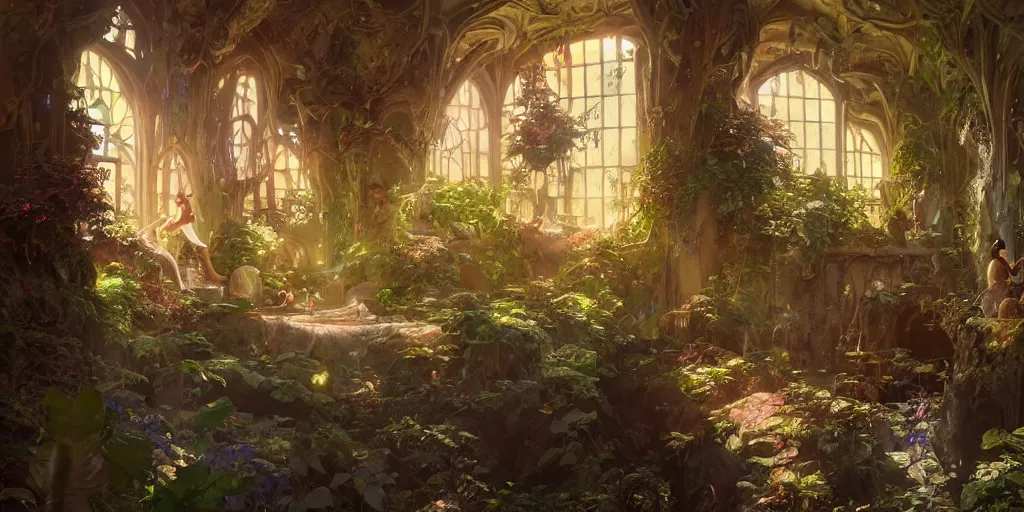 Image similar to a room in a fairy castle, stephen bliss, unreal engine, fantasy art by greg rutkowski, loish, rhads, ferdinand knab, makoto shinkai and lois van baarle, ilya kuvshinov, rossdraws, tom bagshaw, alphonse mucha, global illumination, radiant light, detailed and intricate environment