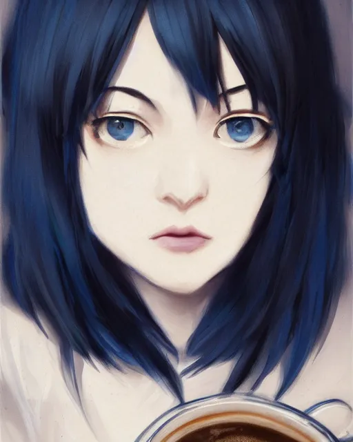 Prompt: beautiful real life depiction of touka kirishima from tokyo ghoul as a barista, model photoshoot, in a coffee shop, dark blue hair, half body shot, photo by greg rutkowski, female beauty, risque, f / 2 0, symmetrical face, warm colors, natural indoor lighting, depth of field