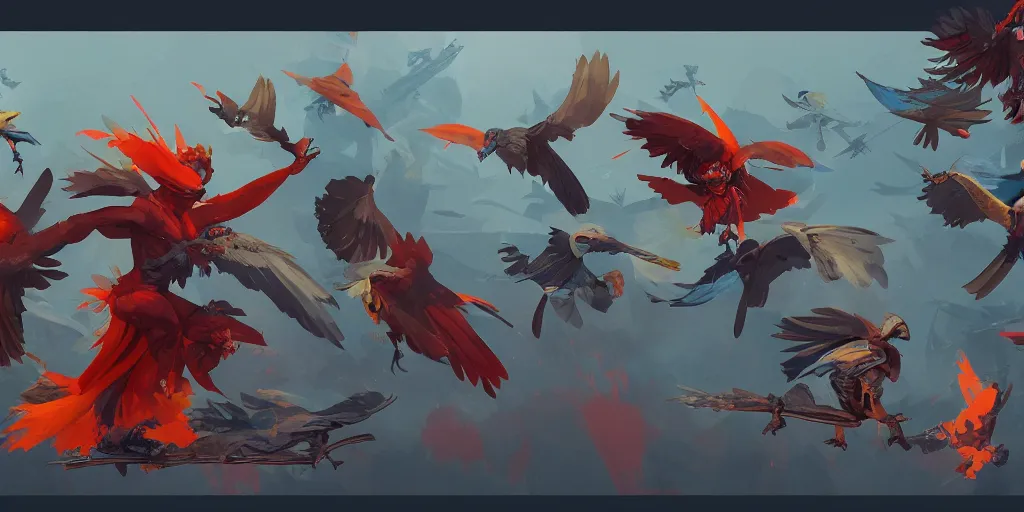 Image similar to bird fighter, character sheet, colorful, contrast, 3 d scene, greg rutkowski, zabrocki, karlkka, jayison devadas, trending on artstation, 8 k, ultra wide angle, zenith view, pincushion lens effect