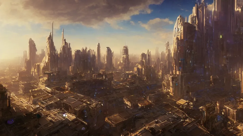 Image similar to future city with giant buildings shaped like keyboard keys, shiny, sunny sky, dramatic lighting, highly detailed, digital painting, ghibli animated film, anime, volumetric lighting, octane render artstation, concept art, smooth, sharp focus, illustration, by gaston bussiere, mucha, gerome, craig mullins, greg rutkowski, john singer sargent