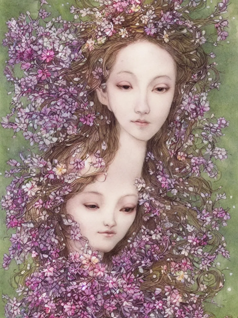 Prompt: head and shoulders portrait of a flower fairy, holding glowing white orb in hands, flowers in hair, cherry blossoms, heather, snowbells, illustration, watercolor, alan lee, detailed, pretty, ethereal, realistic, refined, beautiful,