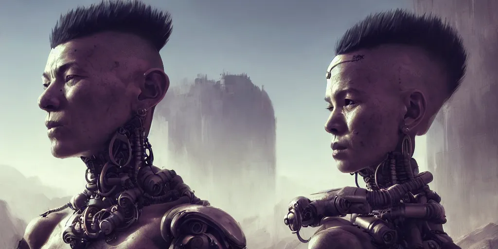 Prompt: meditating monk with mohawk and tattoo on face and cybernetic enhancements, scifi character portrait by greg rutkowski, craig mullins, cinematic lighting, dystopian scifi outfit, profile picture, mechanical, cyborg, half robot ultra realistic 8 k resolution, the backdrop of a post - apocalyptic landscape.