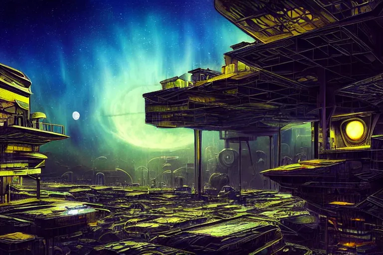 Image similar to spaceship favela honeybee hive, sci - fi interior environment, industrial factory, apocalyptic, moonlight, aurora borealis, award winning art, epic dreamlike fantasy landscape, ultra realistic,