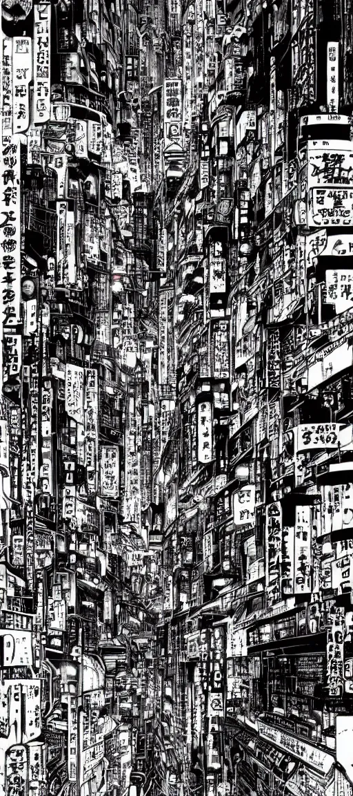 Image similar to beautiful hypercomplex anime drawing of an AKIRA-like cyberpunk city landscape, japan at night, 1980s, by Katsuhiro Otomo, wide angle, grand