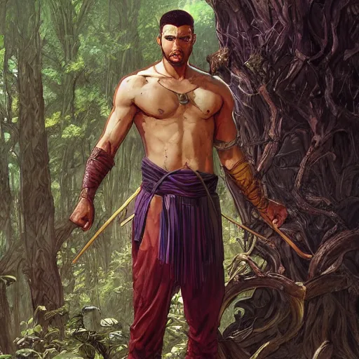 Image similar to An epic fantasy comic book style portrait of a fantasy male martial arts expert, temple ruins surrounded by lush meadow and big pines, intricate, elegant, highly detailed, digital painting, artstation, concept art, matte, sharp focus, illustration, art by Artgerm and Greg Rutkowski and Alphonse Mucha