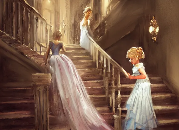 Image similar to a princess runing down a stair, cinderella, by wlop