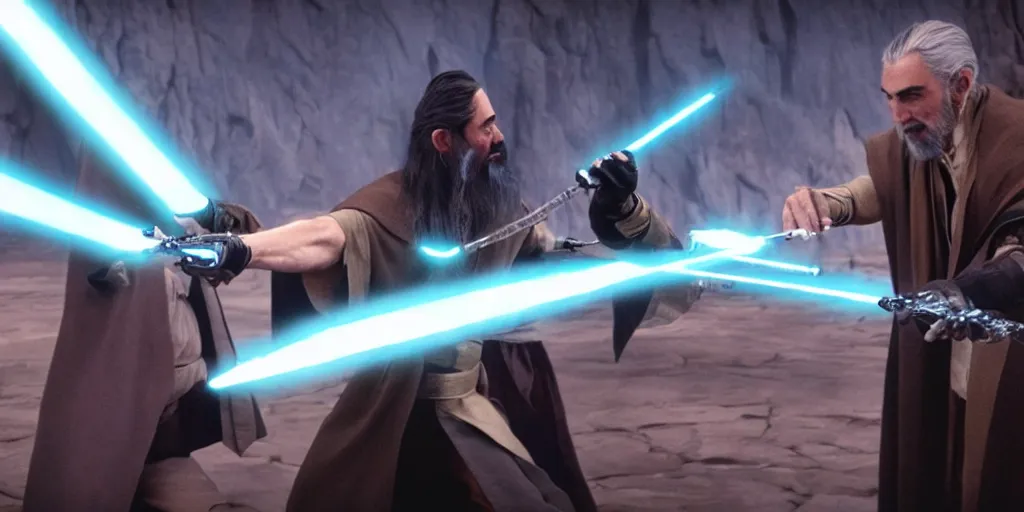 Prompt: Count Dooku with black beard and blue ligthsaber fights Yaddle from the phantom menace ultra realistic, 4K, movie still, UHD, sharp, detailed, cinematic, render, modern