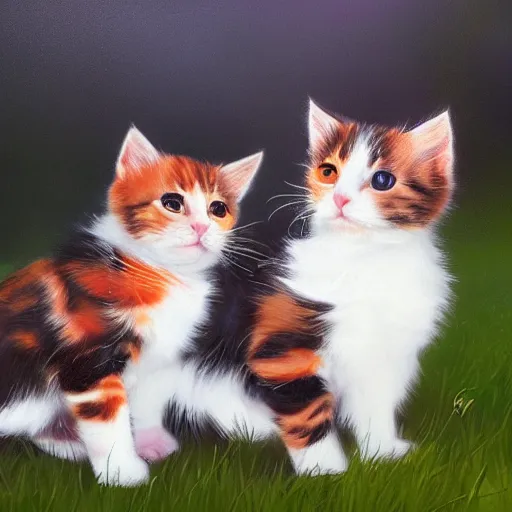 Image similar to close up of two beautiful calico kittens outside on a beautiful day, beautiful painting, featured on artstation, cgsociety, behance hd