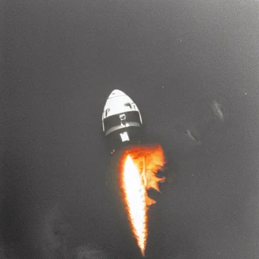 Image similar to apollo command module reentering the earth's atmosphere, heatshield ablasion, fire, dramatic, photograph, epic, cinematic, trail of sparks