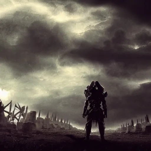 Prompt: a dark ancient entity hovering above a battlefield, being standing above a battlefield, sinister clouds, dark atmosphere, realistic lighting - n 9