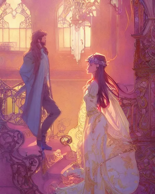 Image similar to secret romance, highly detailed, gold filigree, romantic storybook fantasy, soft cinematic lighting, award, disney concept art watercolor illustration by mandy jurgens and alphonse mucha and alena aenami, pastel color palette, featured on artstation