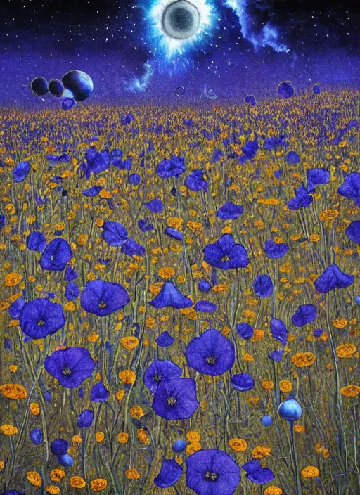 Image similar to detailed, intricate blue black and purple papaverum flower on the field, nebula, galaxy in the sky, winning award masterpiece, fantastically beautiful, illustration, aestheticly inspired, jacek yerka, upscale with anguissola sofonisba work, artstation, 8 k