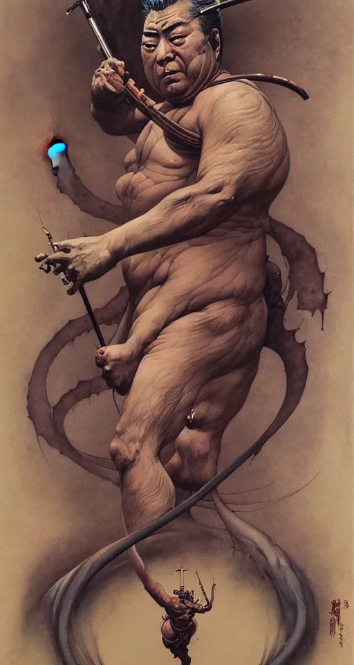 Image similar to portrait of zatoichi in the style of wayne barlowe, gustav moreau, peter mohrbacher, bussiere, roberto ferri, santiago caruso, luis ricardo falero, austin osman spare, boris vallejo, hajime sorayama