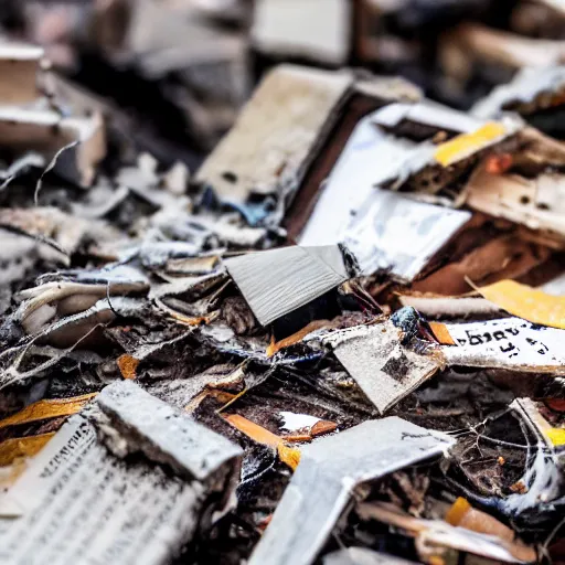 Image similar to book ripped up by a chainsaw, pieces flying everywhere, close up, dslr photo