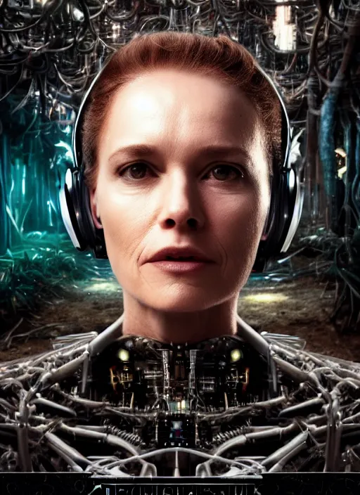 Prompt: 35mm portrait of a sophisticated intricate terminator woman's head on the background of a weird magical mechanical forest. Round gears visible inside her hear. Very detailed 8k. Fantasy cyberpunk horror. Sharp.