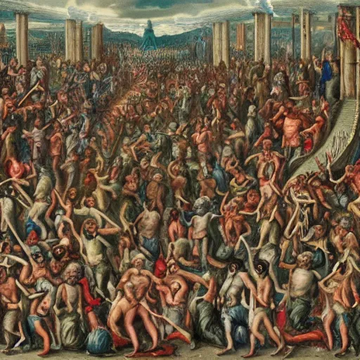 Image similar to where's wally in a crowd scene of, hellfire, demons, highly detailed