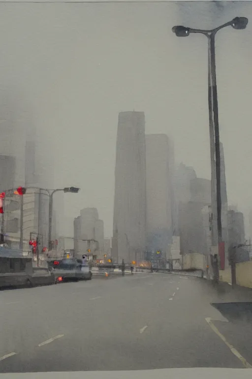 Image similar to A watercolor depicting an empty Huaihai Road gloomy weather, high contrast, smooth, by Joseph Zbikowicz, 8k