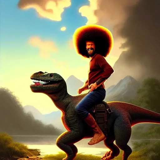 Image similar to bob ross!!! riding!!! a dinosaur!!, giant afro!, model pose, ultra realistic, concept art, intricate details, highly detailed, photorealistic, octane render, 8 k, unreal engine octane render art by artgerm and greg rutkowski and alphonse mucha