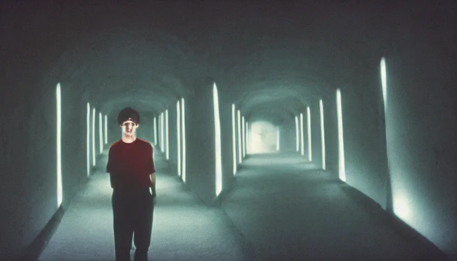 Image similar to 1 9 7 0 s movie still of a man in a bloodtunnel, cinestill 8 0 0 t