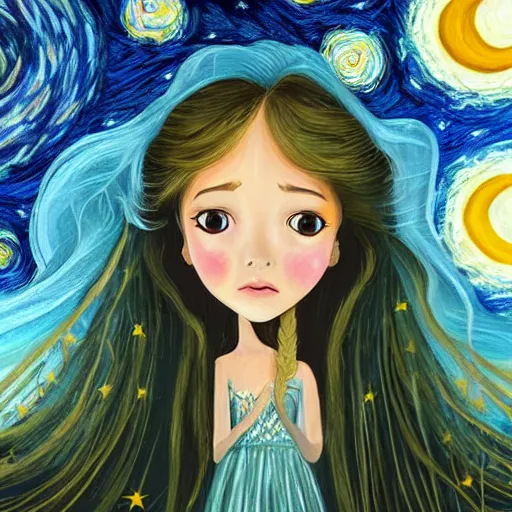 Image similar to A beautiful illustration of a woman with long flowing hair, wild animals, and a dark, starry night sky. Wanda Gág by Lilia Alvarado ornate