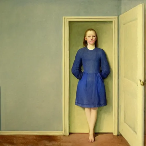 Image similar to close up of a girl in a blue and gold haunted liminal abandoned room, watercolor by gottfried helnwein, by hammershøi, art noveau, highly detailed, lights by edward hopper, liminal, eerie, bright pastel colors