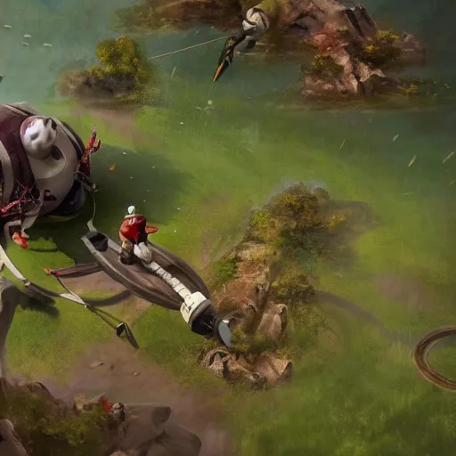 Prompt: pudge hooking gyrocopter with chen helping in background, dota 2, unreal engine, high detailed, fantasy matte painting, super wide angle