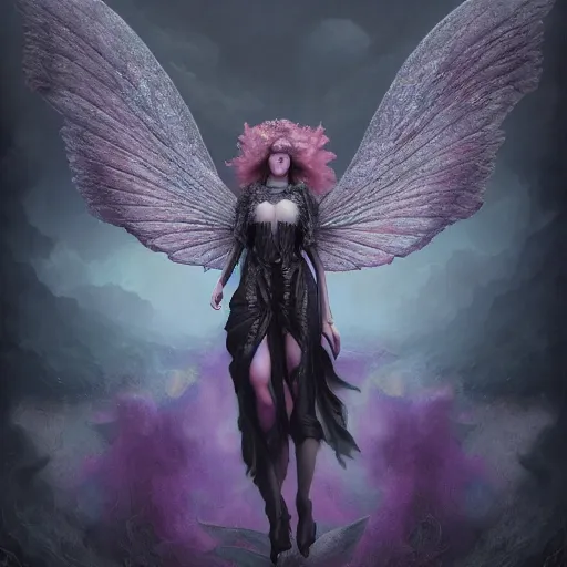 Image similar to tom bagshaw, soft painting fractal curiosities fairy carnival, single beautiful huge wings in full nightshade gothic armor, accurate features, focus, very intricate ultrafine details, black white purple volumetric clouds, award winning masterpiece, octane render 8 k hd