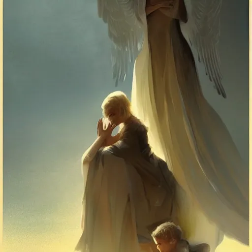 Image similar to Blonde and elegant archangel tall and asleep guarding a child while he prays , Art Deco, Greg rutkowski Trending artstation