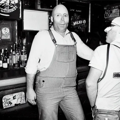 Prompt: bald bloated man in a yellow shirt and blue overalls at a dive bar, 1 9 7 0 s new york punk
