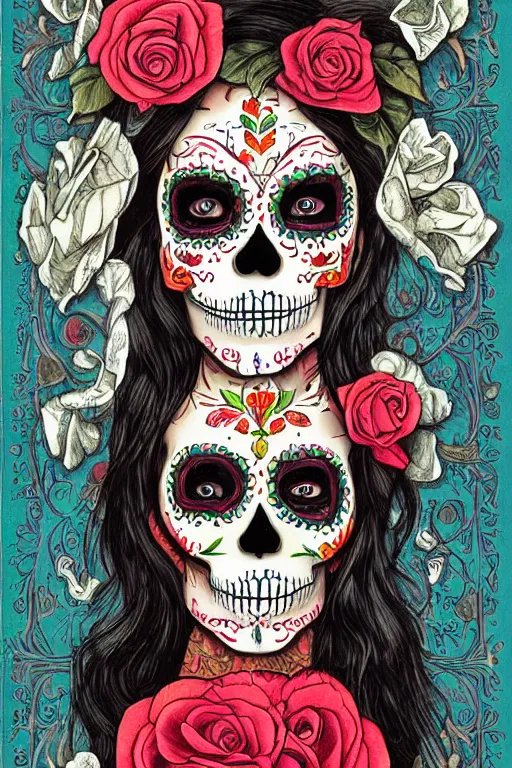 Prompt: illustration of a sugar skull day of the dead girl, art by antoine verney carron