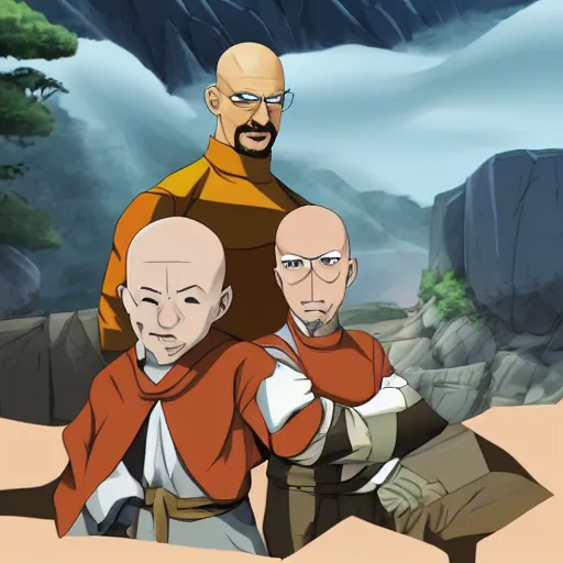 Prompt: avatar aang and walter white at a bald guys conventioin