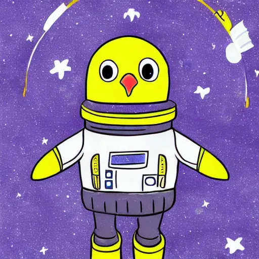 Image similar to cute drawing of a penguin on an astronaut suit, helmet on, floating on space, cartoon disney style, solid color