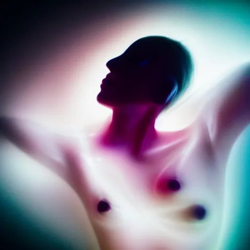 Image similar to beautiful female body silhouette, beautiful portrait, photography by amy leibowitz and filip fedorov, urban city photography, close up portrait, cinematic still, film still, magic hour, dark mood, cold colors, sony, kodak, long exposure, art noveau painting, liquid marble fluid painting, neon glow