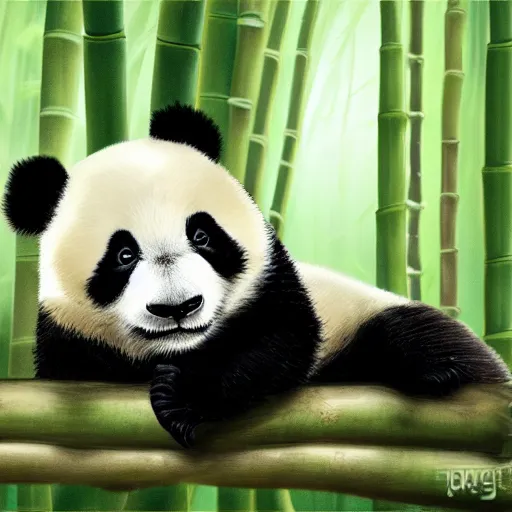 Image similar to A baby panda sleeping in a bamboo forest ,it is raining, night time , peaceful atmosphere, moody lighting , digital art , highly detailed , high contrast, beautiful lighting, award winning , trending on art station, photorealistic, 8k