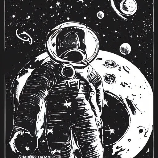 Image similar to illustration of butch tomboy stoic emotionless square - jawed heroic blonde woman astronaut, space helmet, on spacewalk, nebula in background, stellar anomaly, pen and ink, ron cobb, mike mignogna, comic book, black and white, science fiction, punk, grunge, used future, illustration, comic book cover, - ar 1 6 : 9