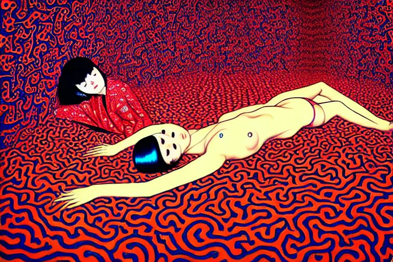 Prompt: realistic detailed image of a woman laying down in a padded room, conjuring psychedelic background, part by takato yamamoto, part by yayoi kusama, part by alex gray, ross tran, james jean, ultra realistic, highly detailed, 8 k, trending on artstation, very cohesive, masterpiece