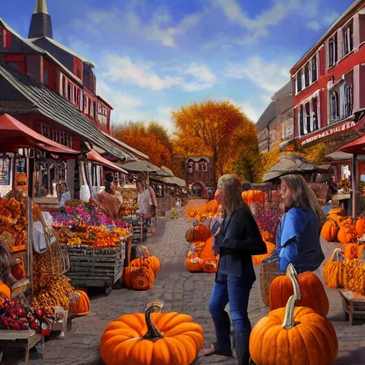 Image similar to pumpkin people selling goods at a market in a vermont town square, fall foliage, cobblestone streets, new england colonial buildings, intricate details, sharp focus, digital art, hyper realistic, 4 k, unreal engine, highly detailed, hd, dramatic lighting by brom, trending on artstation