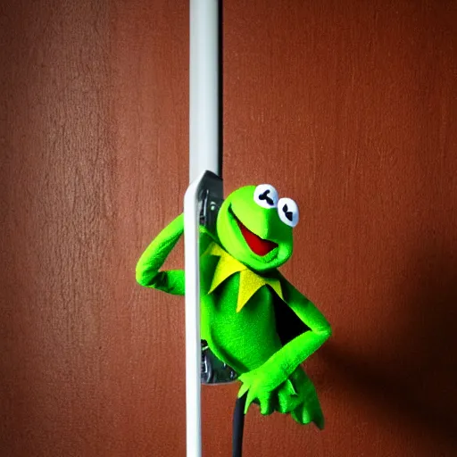 Image similar to kermit meme kermit the frog puppet swinging off a ceiling fan, highly detailed, photo realism, textured puppet, dslr