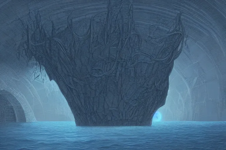 Prompt: intricate, 3 d, reflective dome just under the surface of the ocean, style by caspar david friedrich and wayne barlowe and ted nasmith.