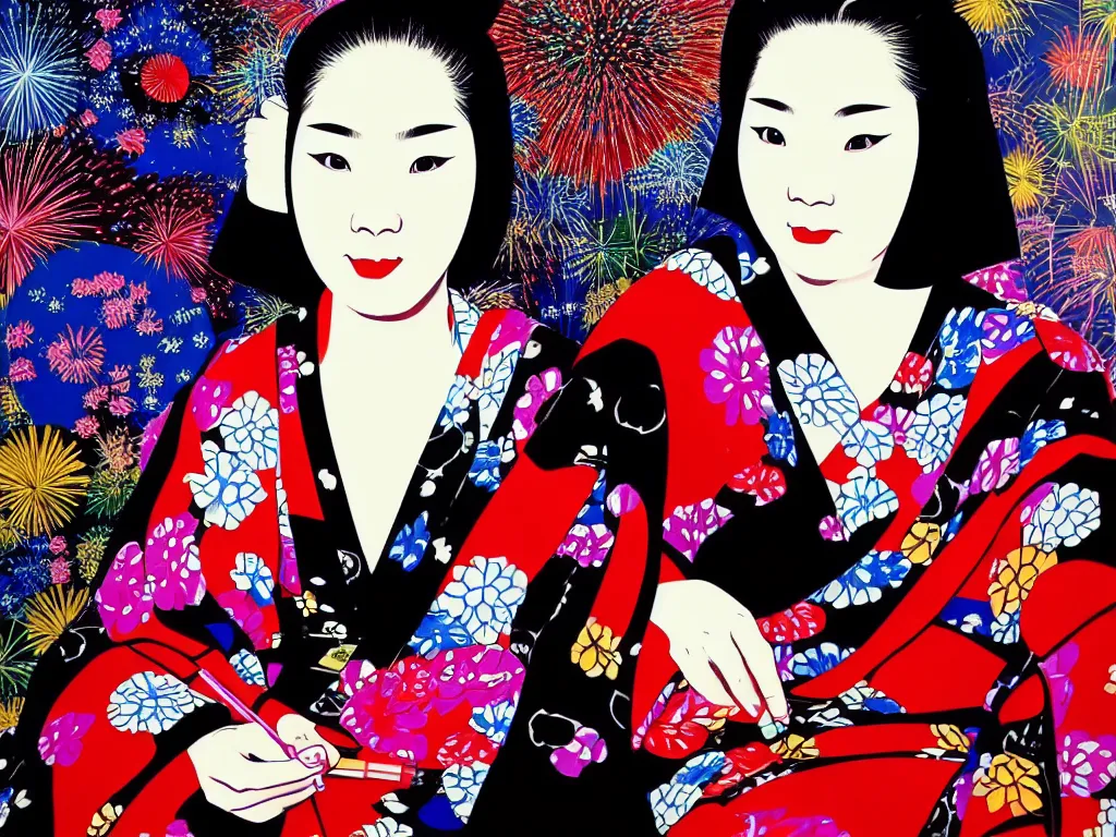 Image similar to hyperrealistic composition of the detailed woman in a japanese kimono sitting at a poker table with detailed darth vader, fireworks, mount fuji on the background, pop - art style, jacky tsai style, andy warhol style, acrylic on canvas